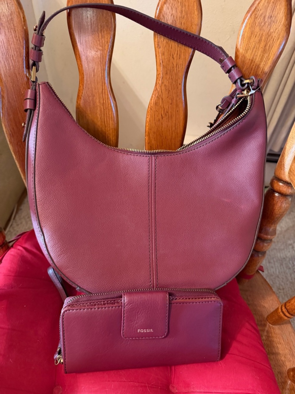Fossil Women's Crescent Shoulder Bag and Wallet in Burgundy